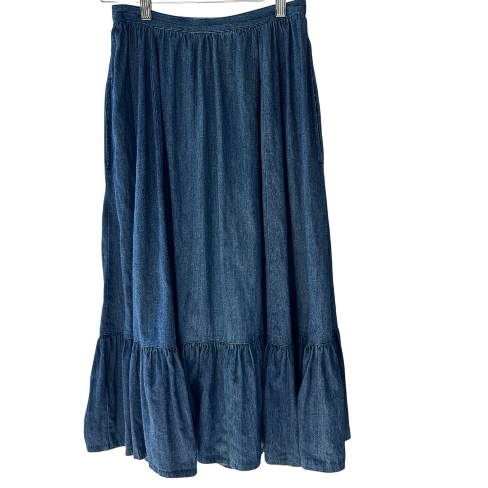 BIS Skirt Womens XS Blue Denim Ruffle Tier Prairie Full Midi Pockets Vintage 80s